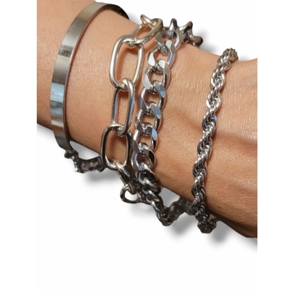 Chunky Silver Chain Bracelet Set 4 Pc Stackable Layer Set